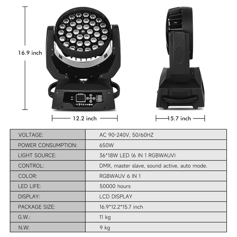 MOKA SFX 36*18W 6 IN 1 RGBW+UV LED Moving Head  Wash Light